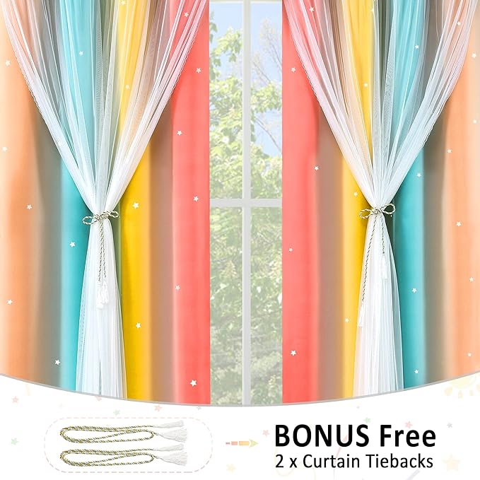 Kinryb Nursery/Kids/Girls Room Star Cut Out Blackout Rainbow Curtain with Sheer Overlay 2 Panels, Each 52 inch Wide,84 inch Length with White Gauze,Ombre Stripe Rainbow Curtains (2 Panels,52x84 Inch)