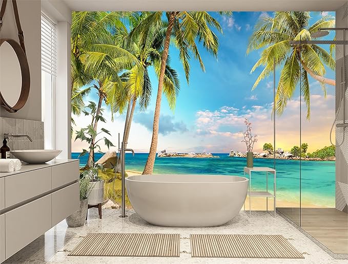 XMPMBM-Beach Palms Landscaping Fabric Wallpaper Tree Leaf Living Room Bedroom Bathroom Wall Mural-W 154" X H 105"（112 Square Foot）