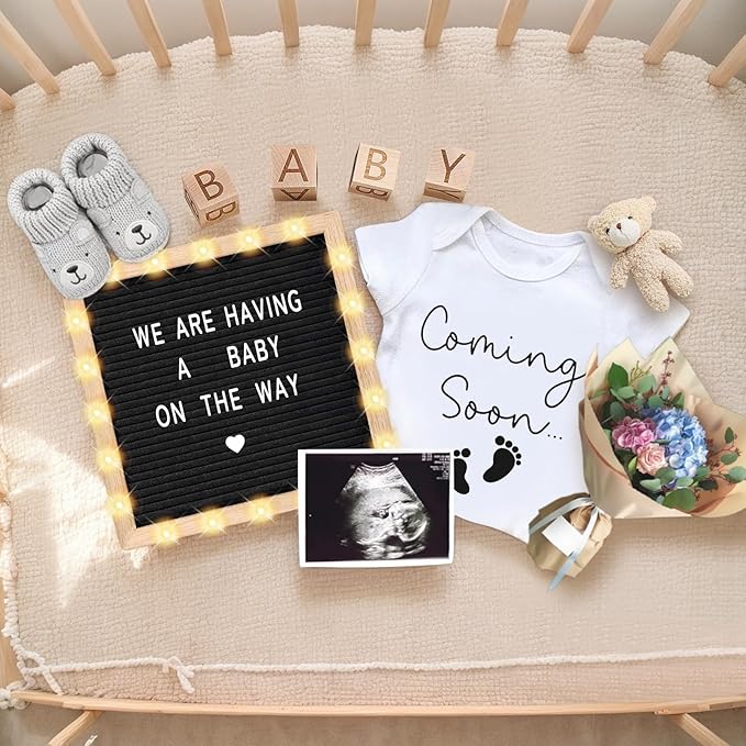 9 Pcs Pregnancy Announcements Set, Include Felt Letter Board Sign with Baby Bodysuit Shoes and Wooden Sign Surprise Announcement for Grandparents Partner Gift Family Reveal