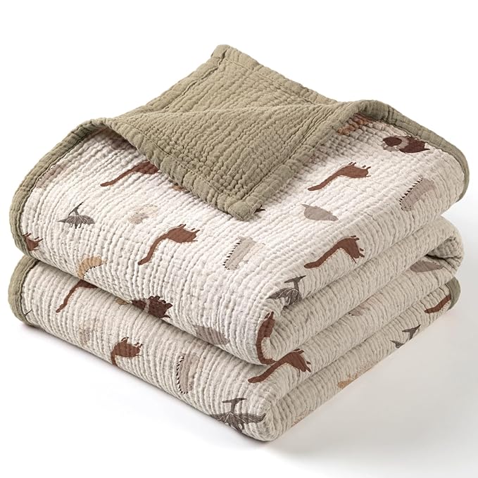lulumoon Muslin Baby Blanket - Cotton Quilt Blankets for Toddlers - Reversible Nursery Crib Blanket for Baby Boys and Girls 47"x47"(Olive Dinosaur)