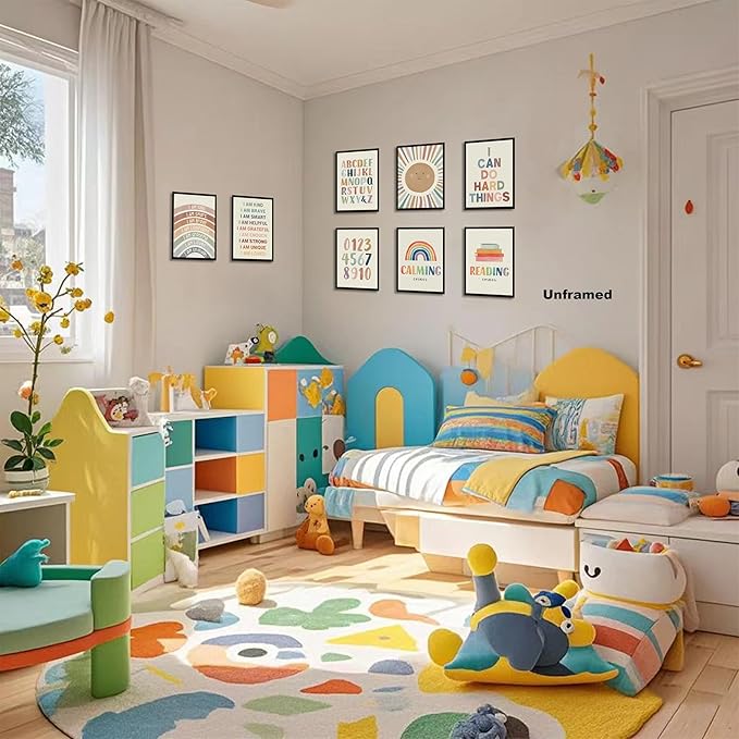 Baby Alphabet Wall Art Set of 9, Boho Rainbow Canvas Posters Prints, Kids Playroom ABC Positive Affirmation Wall Decor Paintings for Kids Room Playroom Nursery Home Decor 8x10In Unframed