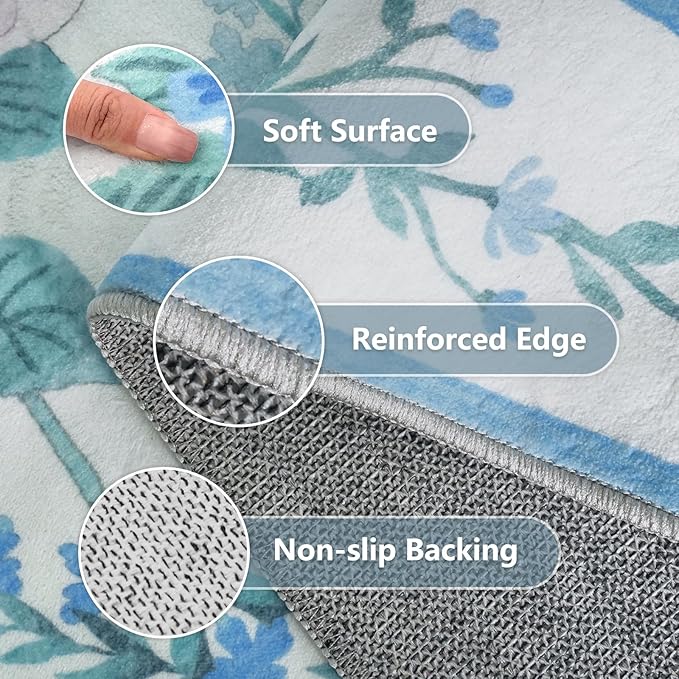 Washable Area Rug 6x9, Boho Blue Floral Rugs for Living Room Bedroom,Soft Ultra-Thin Cute Carpet Non Slip for Girls Room Entryway Playroom Dining Room Home Office,Blue Multi