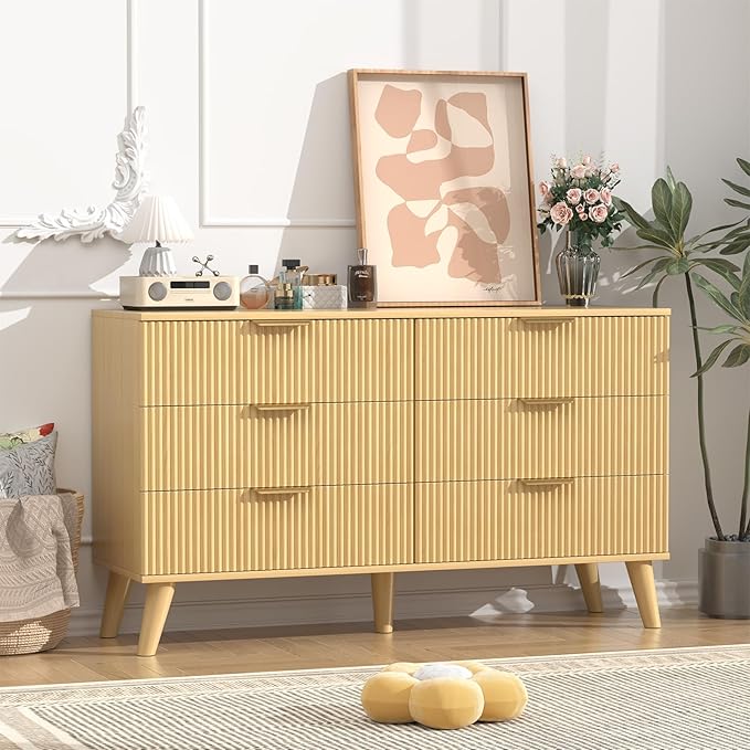6 Drawer Dresser for Bedroom, 47" Wide Modern Chest of Drawers with Fluted Design, Dresser TV Stand, Boho Storage Wood Dresser Organizer for Living Room, Hallway, Closet, Entryway Natural