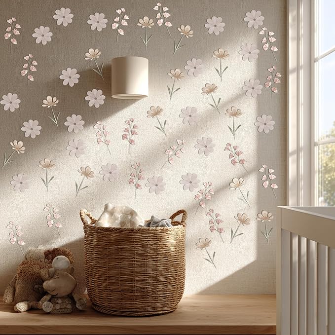 28Pcs Boho Floral Wall Decor Decals, Removable Pink Watercolor Wildflower Stickers for Nursery, Girls Room, Dorm and Headboard Art