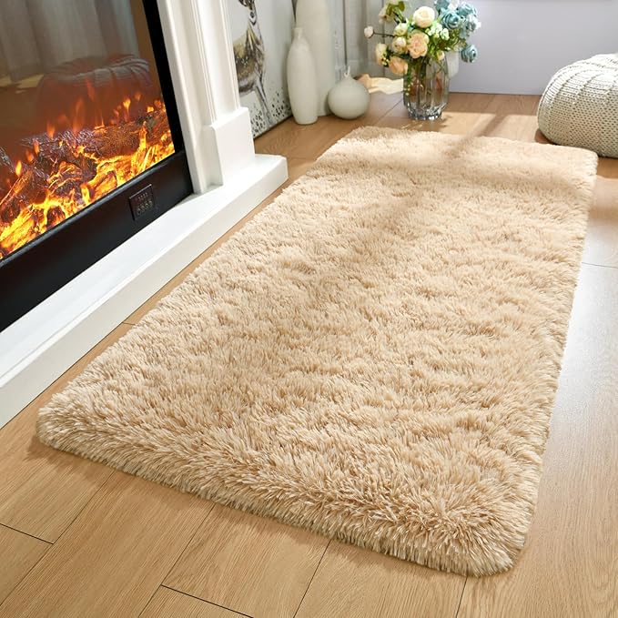 Merelax Fluffy Rug Shaggy Area Rug, Beige 2x4 Area Rugs for Bedroom, Small Kids Bedside Rug, Soft Non-Slip Entryway Throw Rugs for Living Room Bedroom Nursery Room Home Holiday Decor Aesthetic