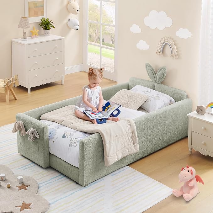 Twin Size Kids Bed with Rabbit Ear Headboard, Upholstered Boucle Fabric Twin Daybed with Slats Support & Side Pockets, Space-Saving Wooden Corner Sofa Couch Bed Frame, for Girls, Boys, Teenager(Green)