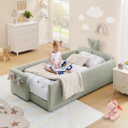 Twin Size Kids Bed with Rabbit Ear Headboard, Upholstered Boucle Fabric Twin Daybed with Slats Support & Side Pockets, Space-Saving Wooden Corner Sofa Couch Bed Frame, for Girls, Boys, Teenager(Green)