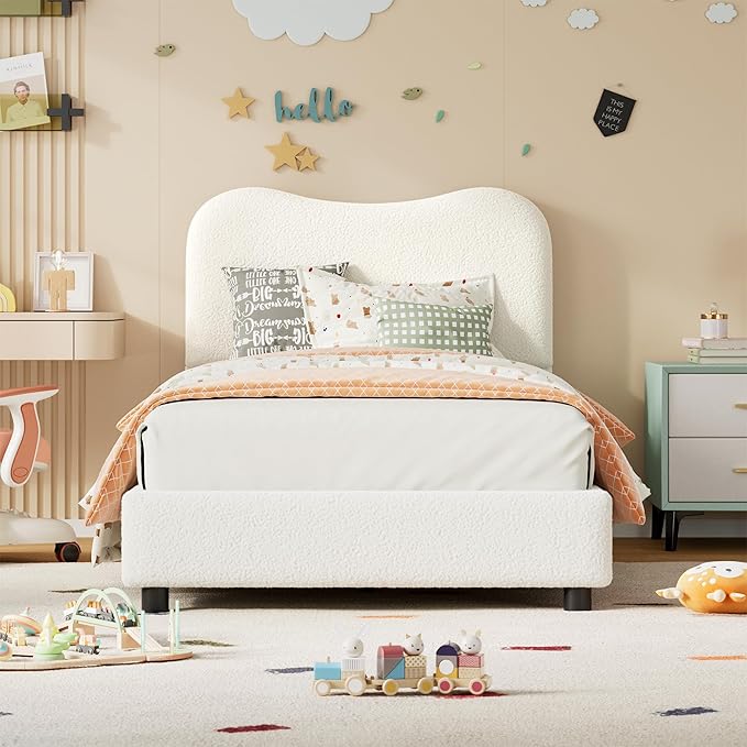 Senfot White Twin Kids Bed Frame with Upholstered Headboard, Low Profile Sturdy Platform Bed with Soft Boucle Fabric for Girls and Boys, Heavy Duty, Wooden Slats, Noise Free, No Box Spring Needed
