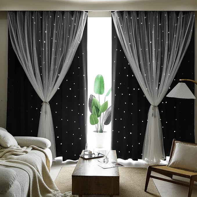 Kinryb Kids Blackout Curtains for Bedroom/Living Room/Classroom, Sheer Overlay Extra Long 2 Panel Set, Double Layer Curtains with Star Cutout for Kids Room(W 52 x L 108 Inches,Black 2 Pcs)