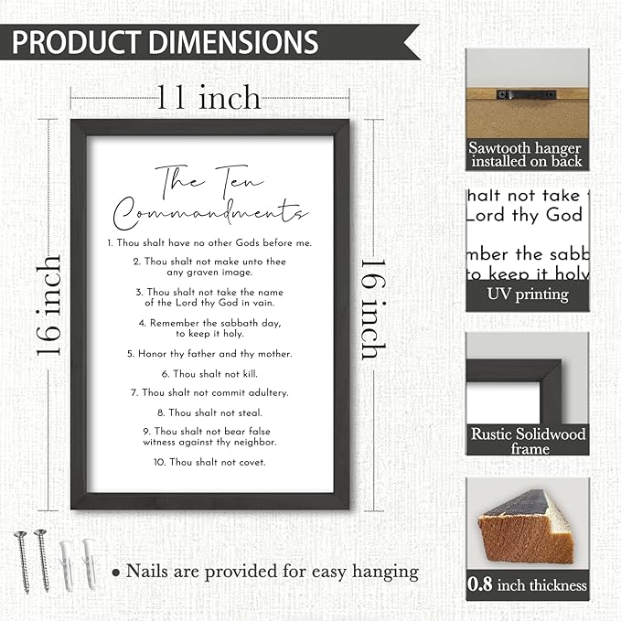 Surfapans The Ten Commandments Wall Decor Art 16"X11" Bible Verse Sign God Jesus Prayer Christian Saying Catholic Wood Framed Wall Hanging (Black)