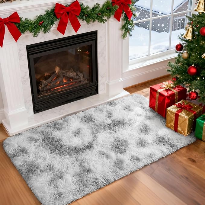 Merelax 2x3 Fluffy Small Soft Area Rugs for Livingroom, Tie-Dyed White Grey Mini Shaggy Throw Rug, Abstract Fuzzy Door Entryway Indoor Inside Front Entrance Dog Mat Accent Home Decor Aesthetic