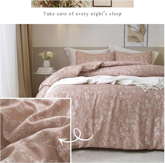 HighBuy Vintage Style Floral Duvet Cover Queen 3 Piece Girls Mauve Botanical Bedding Set 100% Cotton Cottagecore Comforter Cover Garden Style with Zipper Aesthetic Duvet Cover Set Queen,Mauve Brown