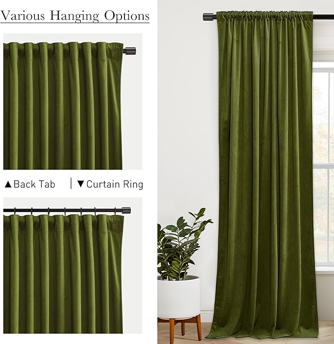 StangH Green Velvet Curtains 108 inches Long - Luxury Olive Green Thermal Insulated Room Darkening Window Drapes Back Tab Privacy Panels for Living Dining Room, W52 x L108, 2 Panels