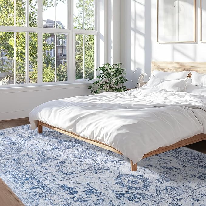 Area Rug 8x10, Washable Rug for Living Room, Large Area Rugs for Bedroom, Vintage Rug 8x10 for Dining Room, Non Slip Soft Low Pile Indoor Carpet for Kitchen, Nursery, Office, Farmhouse, Blue