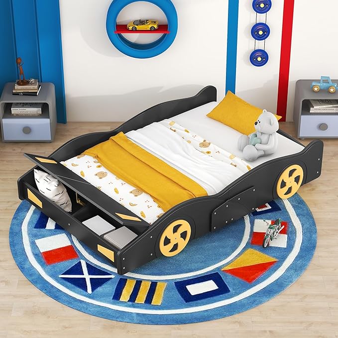 Full Size Race Car Bed for Kids, Car-Shaped Bed Frame with Wheels and Storage Footboard for Boys, Wood Slats Support,No Box Spring Needed, Black+Yellow