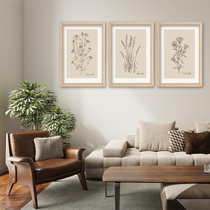 YWJKWLGS Vintage Botanical Wall Art 11x16 Inch Set Of 3 Wooded Framed Minimalist Rustic Wildflower Pictures Floral Sign Bedroom Wall Hanging Decor (Wood)