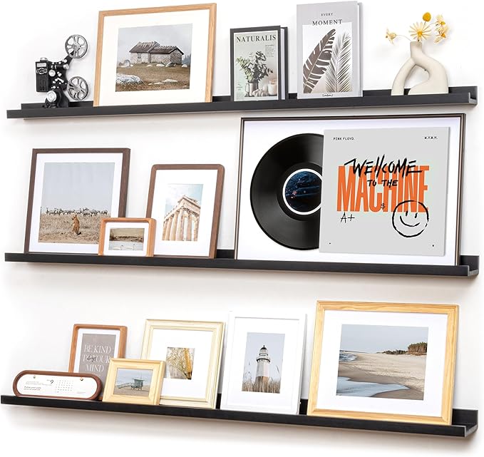 Picture Ledge Wall Shelves 56 Inches Width Set of 3, Solid Pine Wood Rustic Floating Ledge for Kids' Room Bedroom Kitchen Bathroom, Long Floating Shelves for Wall Decor, Black