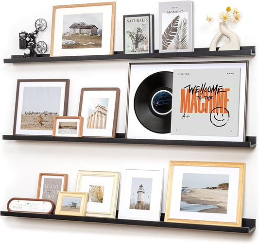 Picture Ledge Wall Shelves 56 Inches Width Set of 3, Solid Pine Wood Rustic Floating Ledge for Kids' Room Bedroom Kitchen Bathroom, Long Floating Shelves for Wall Decor, Black