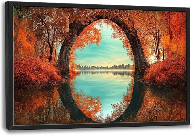 Olivine Fall Wall Art, Tree Pictures Wall Decor, Nature Landscape Painting, Autumn Forest Canvas Prints, Framed Artwork for Bathroom Bedroom Living Room Office Home Decoration 36"x24"