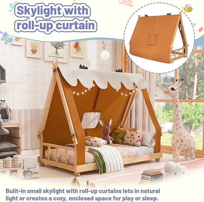 Twin Size Floor Bed with Tent and Light, Wooden Montessori Bed Frame with Roof Design, Low Profile Beds for Kids, Boys and Girls, Brown