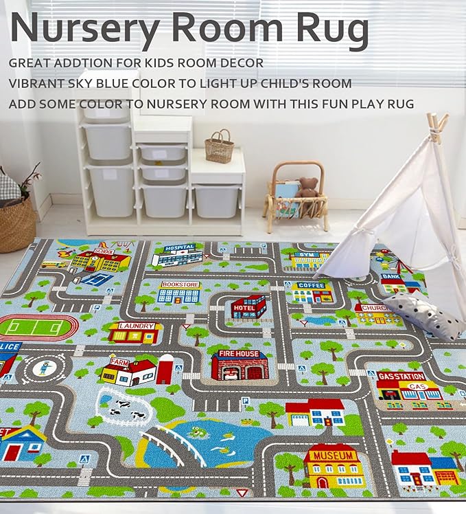 Kids Carpet Playmat Rug 5'0''x6'6'', Kids Rugs for Bedroom, Non-Slip Town City Road Map Car Rugs for Kids Toy Cars, Track Carpet Play Rug for Playroom Classroom Decor (Sky Blue)