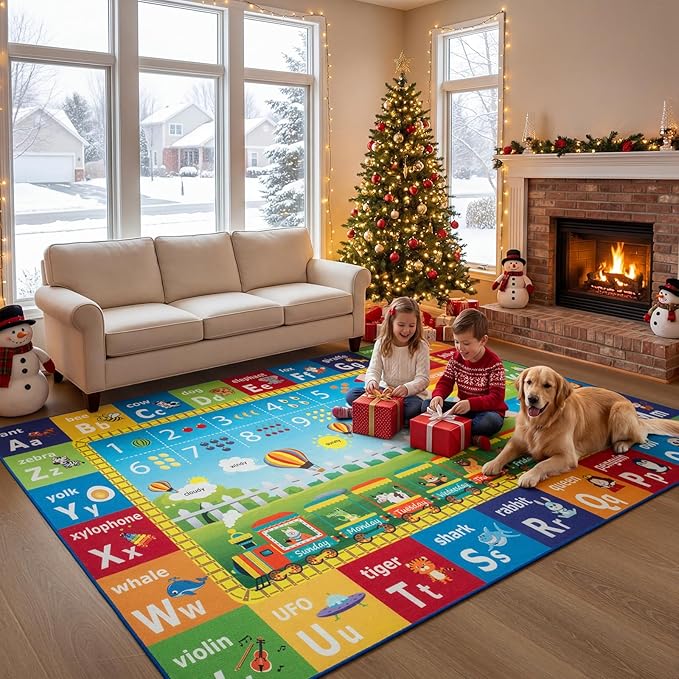 Unirea 3x5 Kids Rug for Playroom Bedroom Living Room, Washable Educational Play Mat with ABC Alphabet, Numbers, Animals for Classroom, Nursery, Colorful Learning Carpet for Toddlers, Rainbow