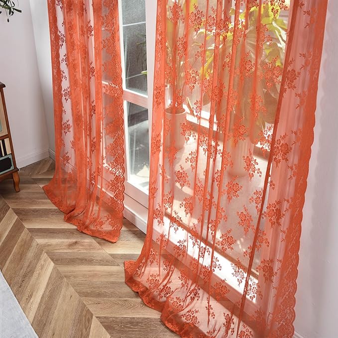 Kotile Burnt Orange Sheer Curtains 54 Inch Length, Country Rustic Floral Fall Curtains for Bedroom, Rod Pocket Privacy Window Sheer Lace Curtain, 52 x 54 Inch, 2 Panels, Orange