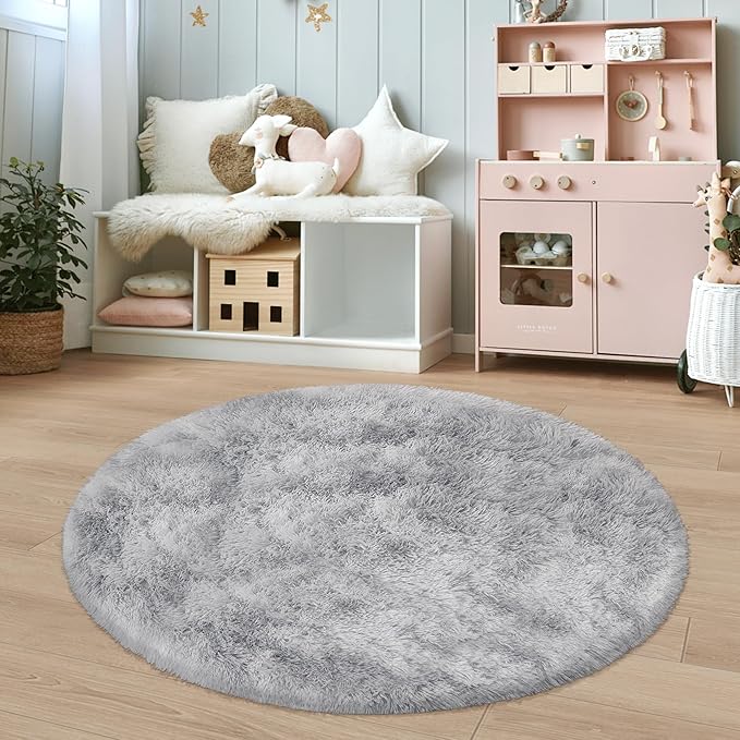4 ft Round Fluffy Grey Rug for Bedroom,Tie Dyed Furry Round Carpet Non Slip Gray Fuzzy Shaggy Plush Circle Area Rug Rug for Living Room Room Nursery Room Playroom Kids Room Home Decor Washable