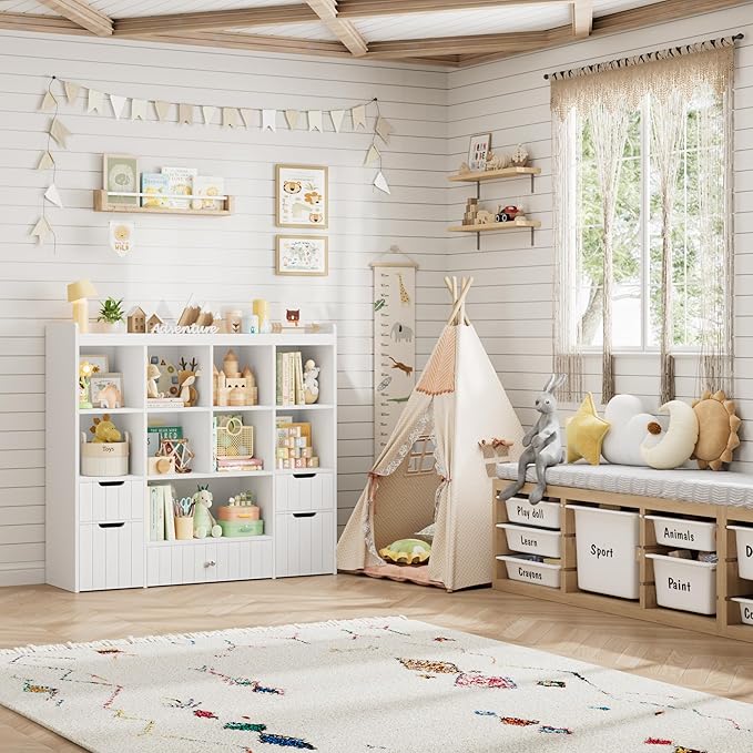 HITHOS 48" W Toy Storage Organizer, Large Kids Bookshelf with Rolling Toy Chest, Toy Organizer with Storage Bins, Book Shelf for Kids Room, Playroom Toy Box with 9 Open Cubbies for Boys/Girls, White