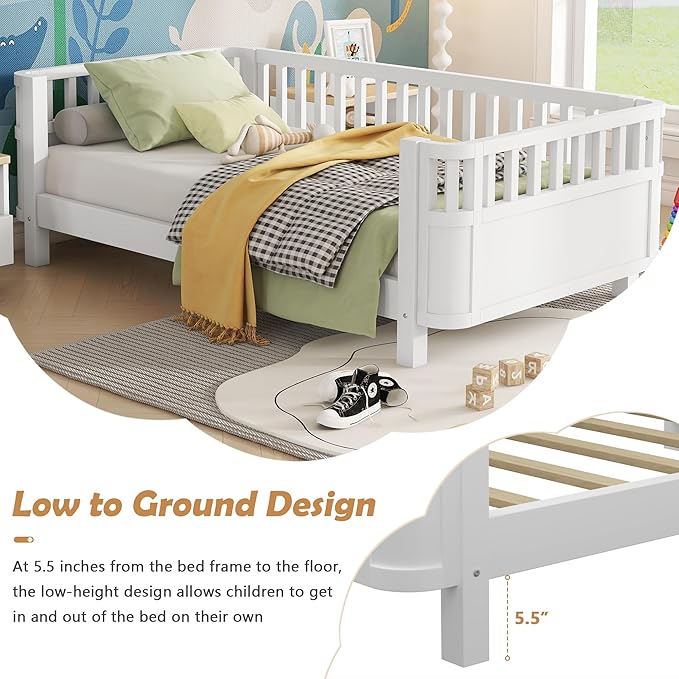 Twin Size Kids Bed Montessori Daybed with Safety Rails and Headboard, Low Profile Wood Platform Twin Bed Frame with Slats for Kids Boys Girls Bedroom, No Spring Box Required, Twin White