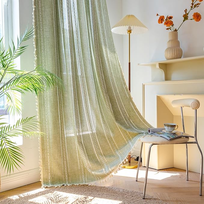 Deeprove Green Boho Linen Curtains 72 inches Length for Bedroom Living Room Dining Nursery Closet, Hollow Sage Semi Sheer Curtains Darkening Embroidery Drape Window Treatment, 1 Panel W52 x L72