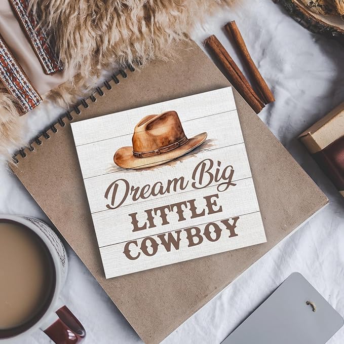 Western Cowboy Wood Box Sign, Dream Big Little Cowboy, Brown Wooden Block Plaque Box Sign, 5x5 Inches, Tabletop Decor