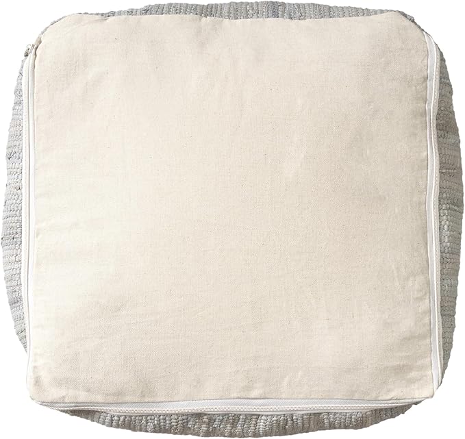 LR Home Gray Bordered Transitional Hand-Loomed All-Natural Cotton Pouf with Jute Braid | Farmhouse Cube Foot Rest for Bedroom & Living Room Decor | 18 x 18 x 18 Stuffed Ottoman for Seating