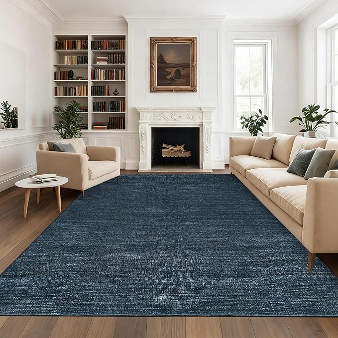 9x12 Area Rugs for Living Room Washable Solid Large Bedroom Rugs Non Slip Soft Modern Abstract Dining Room Throw Carpet Minimalist Classic Plain Area Rug for Nursery Kitchen Home Office, Navy