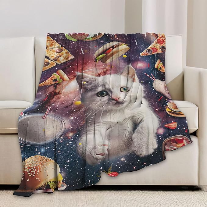 Cat Blanket Space Galaxy Throw Blanket Pizza Burger Flannel Stuff Animals Merch Cozy Decor Fleece Plush Fuzzy Warm Soft Lightweight Bedding Cats Lover Gifts for Men Women Girl Boy Couch 80"X60"