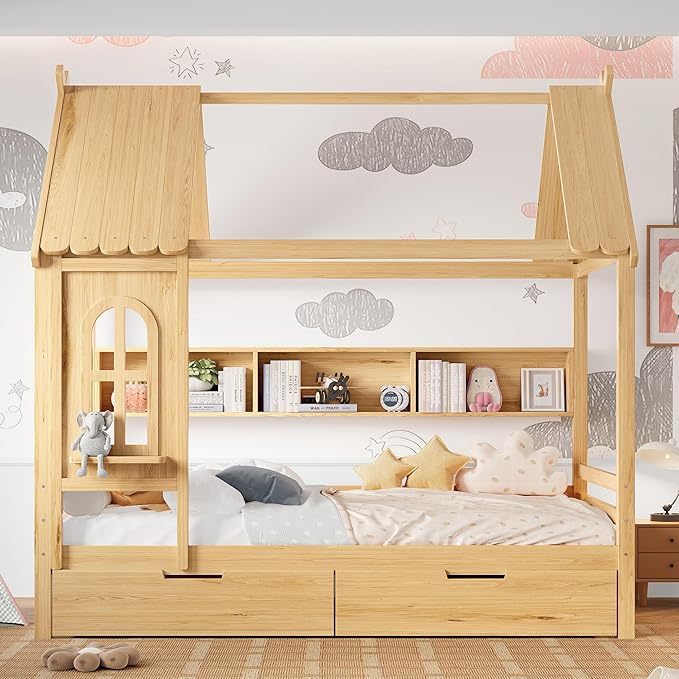 MERITLINE Full Size House Bed with Storage Drawers & Window, Solid Wood Platform Bed Frame with Shelves, No Spring Box Needed, Childlike Design for Kids, Girls, Boys, Natural