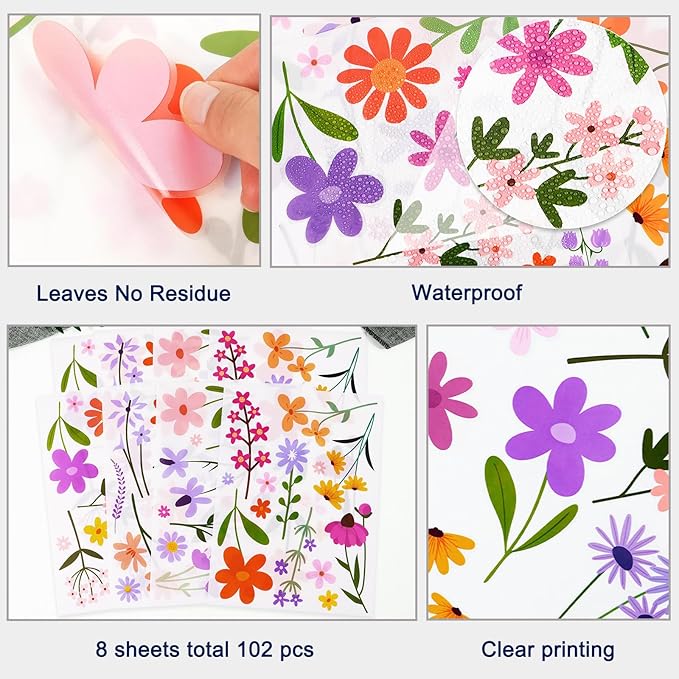 102Pcs Flower Wall Decals Peel and Stick, DIY Spring Themed Floral Wall Stickers, Removable Wildflower Spring Art for Girls Bedroom, Kids Room, Nursery, Living Room, Bathroom, Kitchen Home Wall Decor