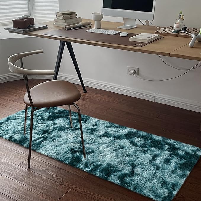 DweIke Fluffy Peacock Blue Runner Rugs for Bedroom, 2x6 Feet Soft Plush Long Runners for Girls Boys Kids, Non-Slip and Machine Washable Bedside Rug, Small Throw Carpet for Hallway Rooms Decor