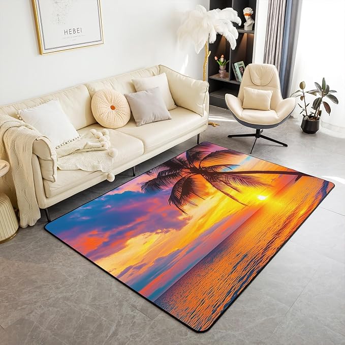 Ocean Beach Area Rug 5x7 and Mats,Hawaiian Beach Palm Tree Decorative Carpet Floor Mat Decor, Tropical Sea Sunset Carpet,Machine Washable Non-Slip Living Room Rugs for Bedroom