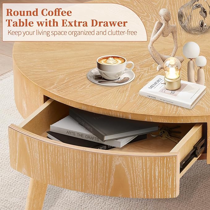 Round Wood Coffee Table for Living Room, Modern Farmhouse with Drawer, Solid Boho Circle Table with 4.5” Thick Tabletop, 31.5" L x 31.5" W x 15.87" H