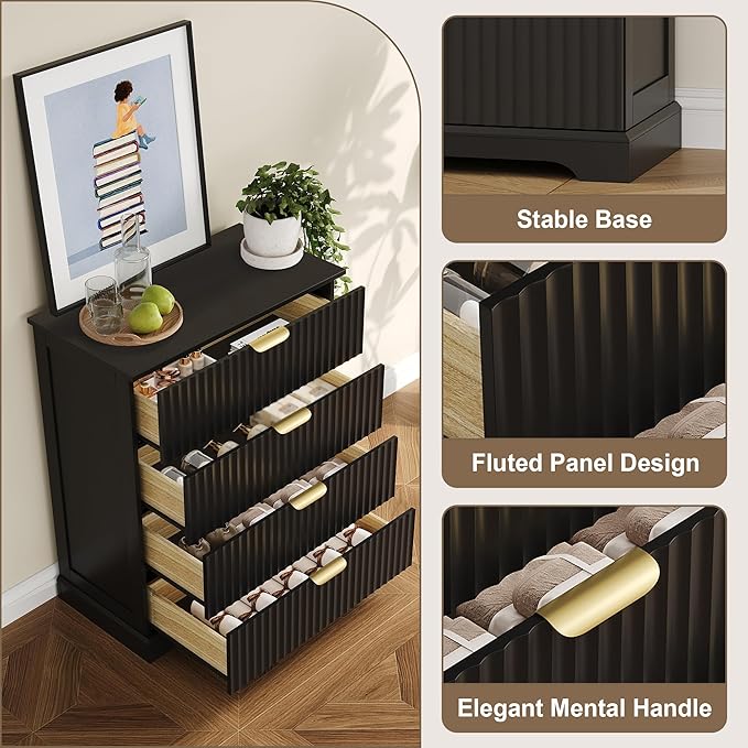Fluted Dresser with 4 Drawers for Bedroom, 36.6" Tall Dresser with Metal Handle, Wooden Chest of Drawers for Bedroom, Living Room, Entryway, Black