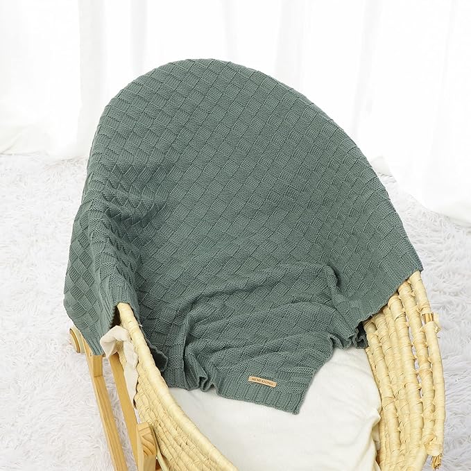 LAWKUL Green Baby Blankets Knitted Cable Babe Blanket Soft Airy Newborn Infant Receiving Swaddle Boy Girl Stroller 40"x30"