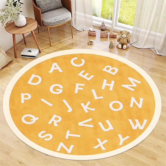 Round Playroom Area Rug,4ft,ABC Children's Round Bedroom Rug, Non-Slip Washable Baby Nursery Rug, Large Toddler Rug Educational Crawling Mat, Suitable for Nursery, School Classroom, Playroom