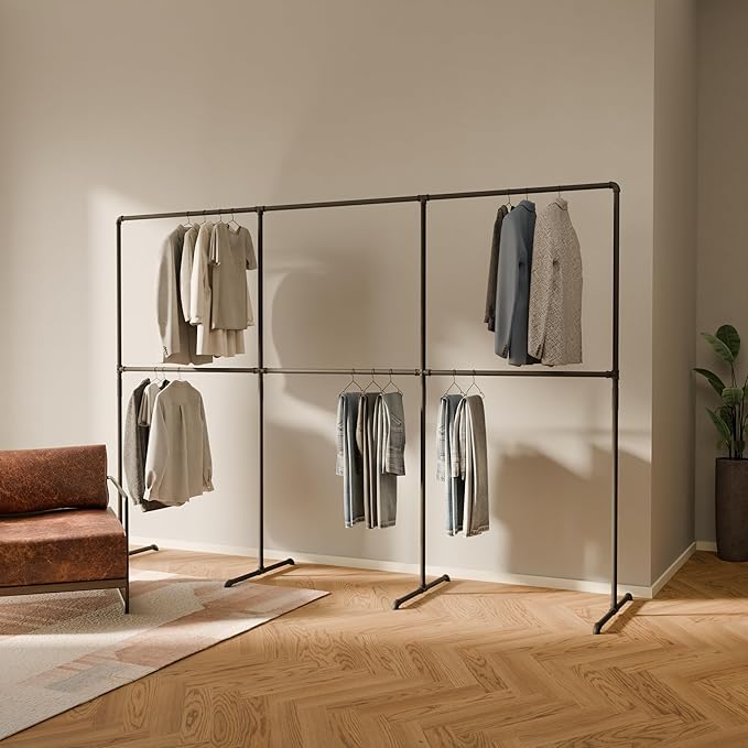 pamo Industrial Design garment rack - LAS 3 Black - freestanding Coat Rack for Walk-In Wardrobe Wall I Clothes Rack Made of Black Sturdy Pipes freestanding from Water Pipe