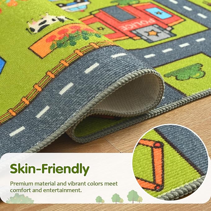 Merelax 5x8 Kids Car Area Rug, Grey Green Area Road Rugs for Living Room Playroom Classroom Bedroom, Non Slip Kids Play mat, Washable Rug, Educational City Traffic Map Fun Car Carpet for Ages 3-12