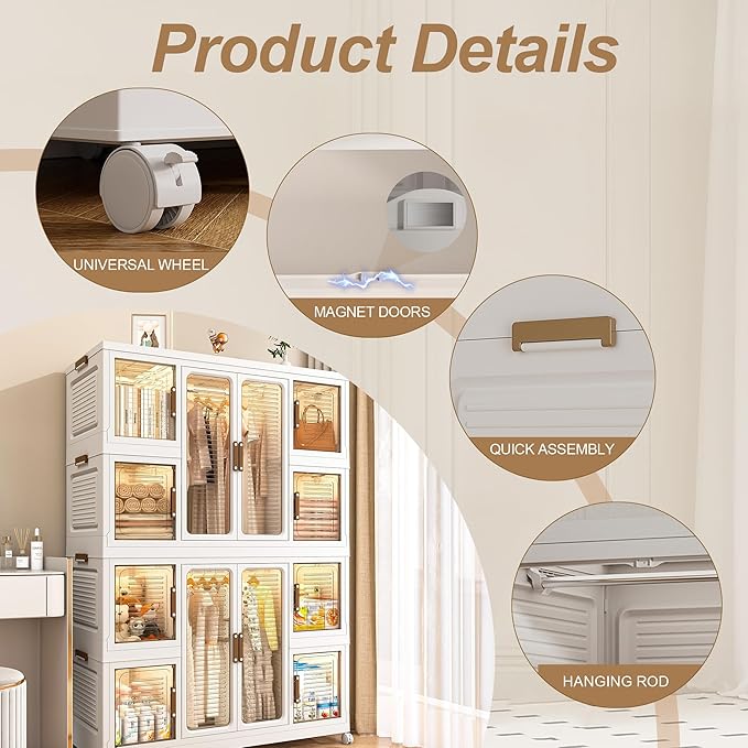 Portable Closet Wardrobe, Foldable Clothes Organizer with 10 Cubby Storage, 2 Hanging Rods, Easy Assemble Clothing Storage with 16 Hangers, Kids Wardrobe Cabinet