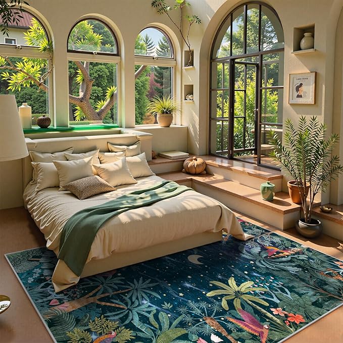 Lahome Midnight Jungle Green Rug, Washable 8x10 Rugs for Bedroom Living Room, Soft Forest Kids Rugs for Playroom, Non Slip Stain Resistant Floor Carpet for Office Dining Room