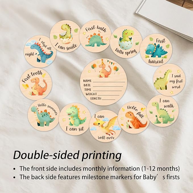 Baby Monthly Milestone Cards Sign - 13Pcs Double Sided Dinosaur Milestone Cards, Dino Pattern Wooden Circles Discs for Photo Props Newborn Announcement Marker, Baby Shower Newborn Sign Card Gift Set