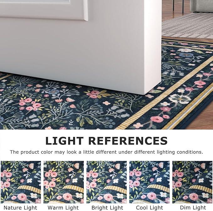 Area Rugs for Living Room 5x7, Washable Non-Slip Thin Floral Vintage Boho Rug for Bedroom Dining Room Office, Soft Rug Indoor Lightweight Carpet, Blue/Multi
