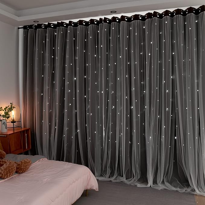 Kinryb Kids Blackout Curtains for Bedroom/Living Room/Classroom, Sheer Overlay 2 Free Tiebacks, Double Layer Curtains with Star Cutout for Kids Room(Each Piece W 70 x L 72 Inches 2 Pcs Chocolate)